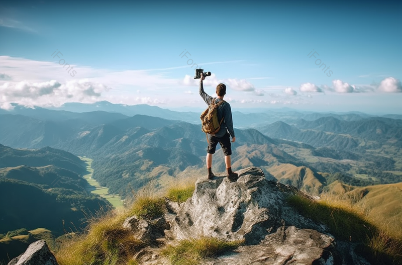 实拍清晨一个人现在山顶上的背景,高清,摄影图,摄影图片,图片大全,摄影图免费下载